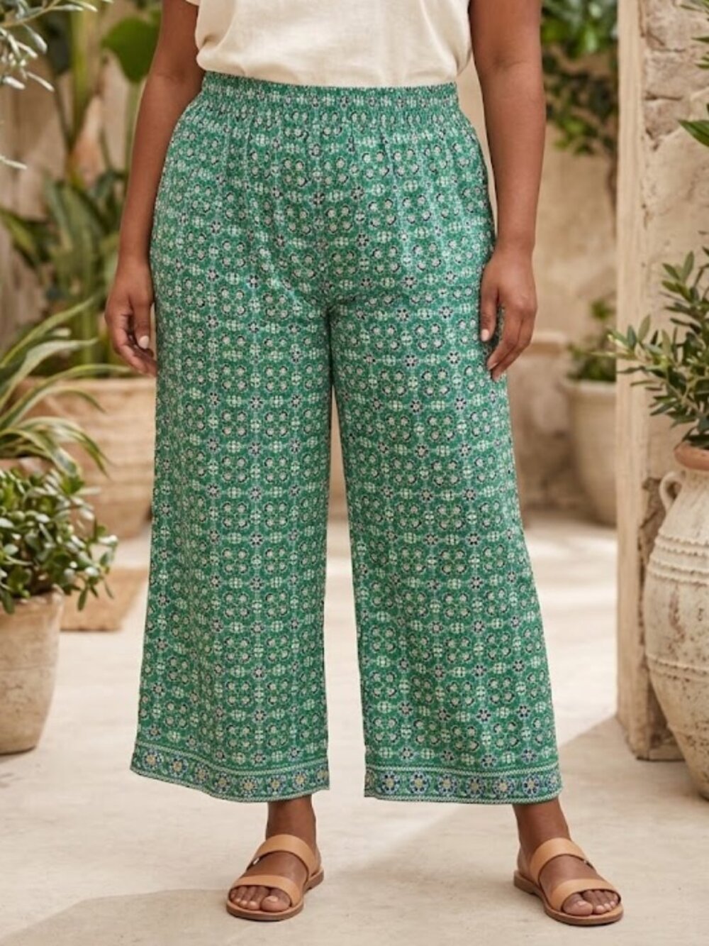 Max Studio Green Boho Medallion Wide Leg Cropped Culottes Pants Plus Size 1X